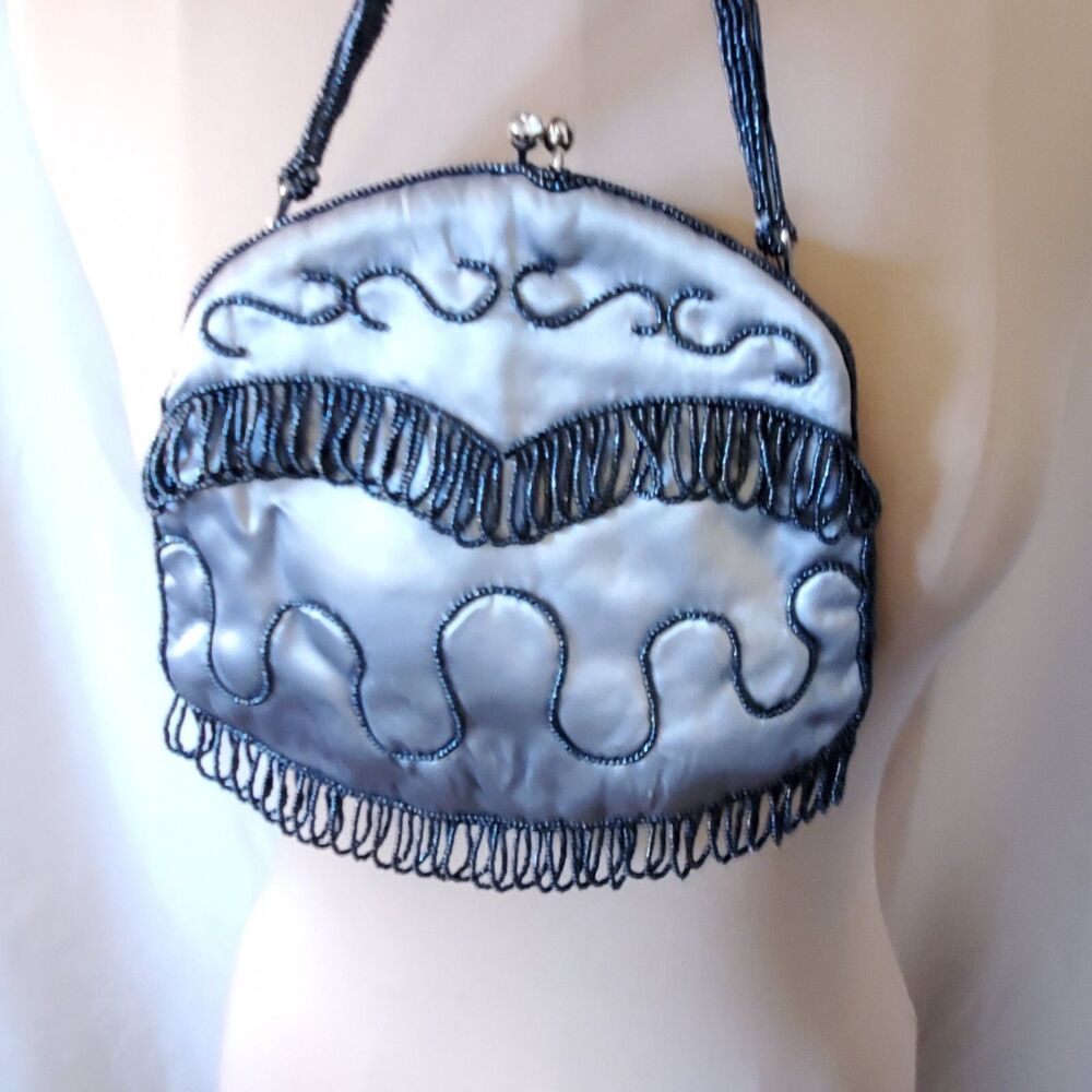 Vintage Handmade Beaded Evening Bag Debbie Gray Black Beads, Japan